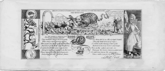 Fantastisk locofoco juggernaut: et nyt konsol-a-tory sub-skatkammer kludemonster, ca. 1837 (kobbergravering)
